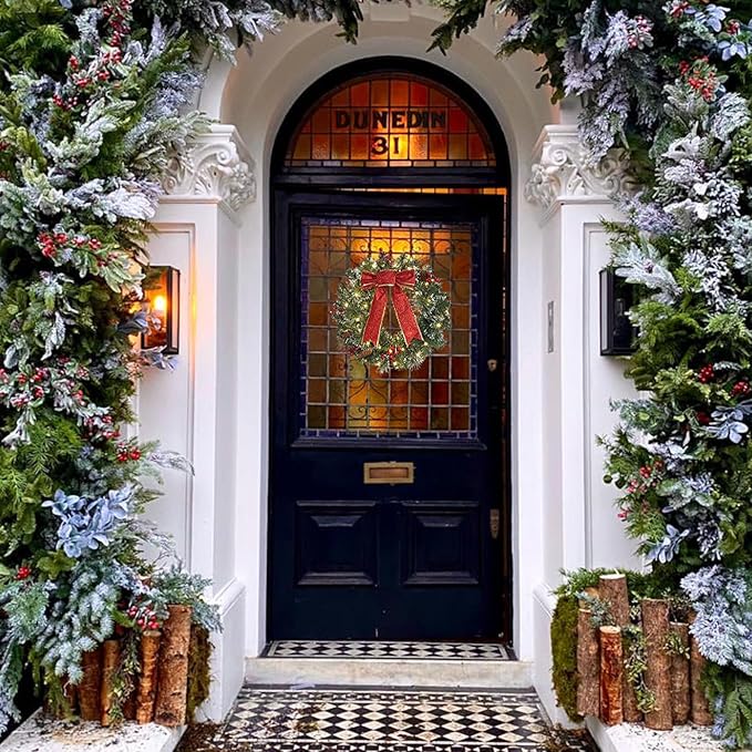 DiliComing 16-Inch Pre-Lit Winter Wreath - Large Christmas Door Wreath, Front Door & Window Decorations