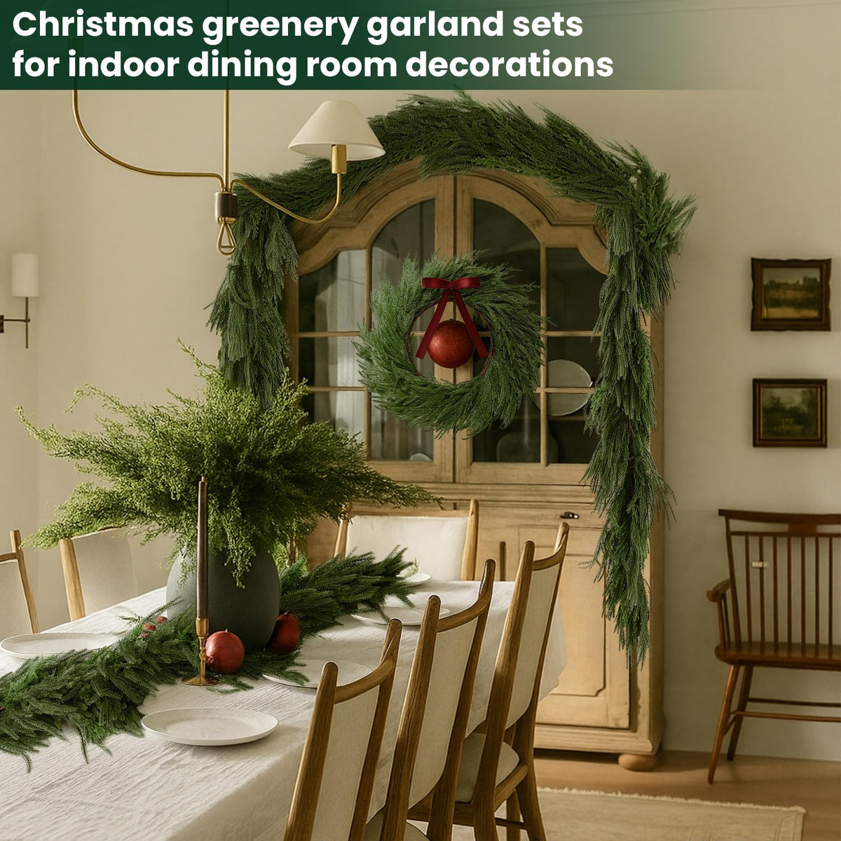 Syhood Christmas Norfolk Pine Garland with 24" Wreath 2 Real to Touch Teardrop Swags and Gold Metal Bells Set, Soft Realistic Artificial and Cedar Greenery for Indoor Outdoor Holiday Decor(Red,6ft)