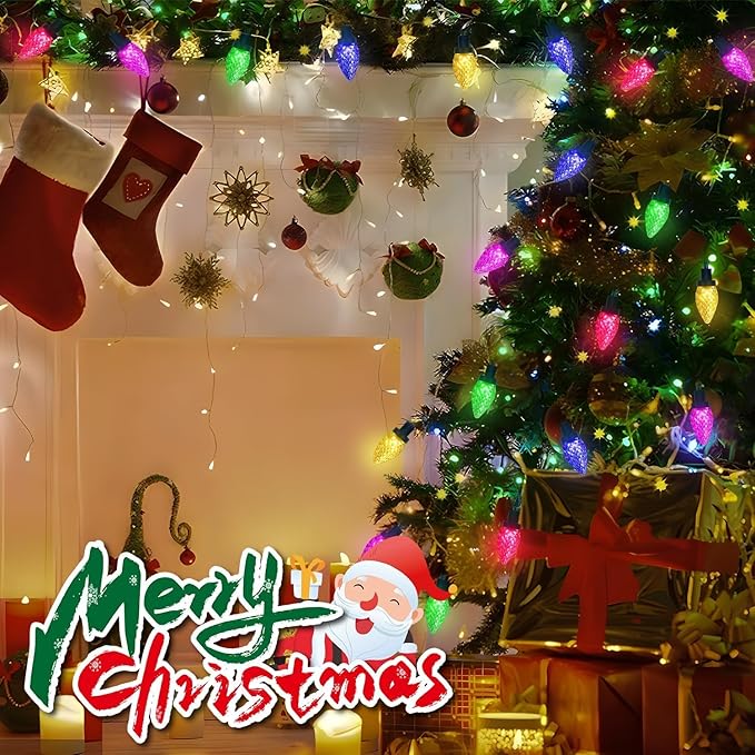 C7 LED Christmas String Lights, 30 FT 50 Colorful Strawberry LED Bulbs, Hanging C7 Christmas Lights Indoor Outdoor for Xmas Tree Holiday Garden Patio Backyard Decor, Multicolor