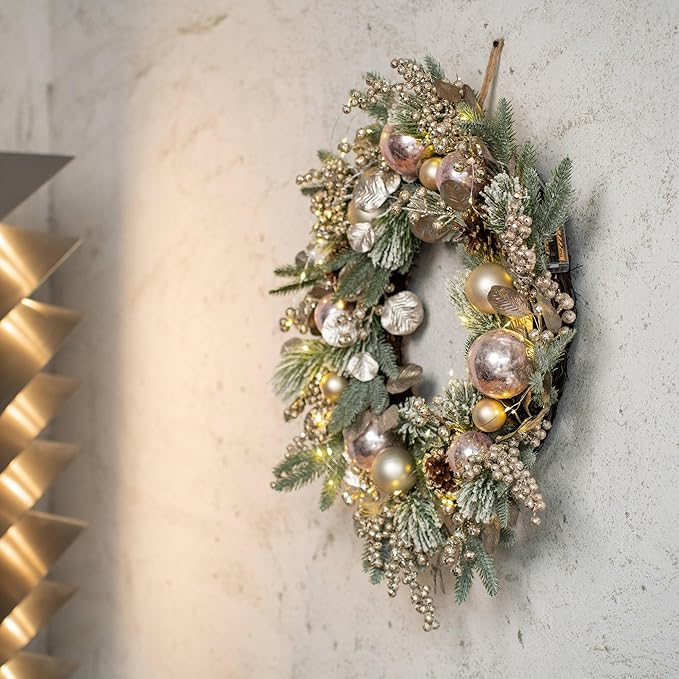 YULETIME 24" Christmas Wreath, Artificial Holiday Wreath with Baubles, Berries, Leaves, Spruce Branches, Snowy Pine Needles (Pink Bauble)