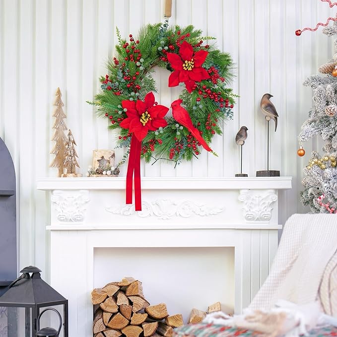 Pre-Lit Christmas Wreaths for Front Door 24 Inch Christmas Wreath with Lights,Large Winter Wreath with Cardinal Birds,Poinsettia,Green Evergreen Pine Needles Red Berries Holiday Wreath Decor