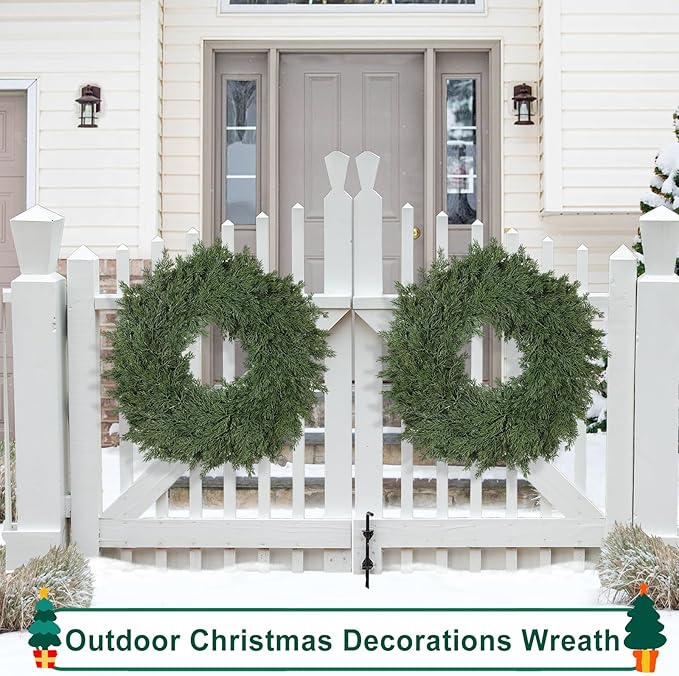 26" Real Touch Christmas Cedar Wreath, Christmas Wreaths for Front Door, Realistic Pine Wreath, Large Green Cypress Wreaths for Home Fireplace Wall Window Porch Outdoor Xmas Holiday Decor