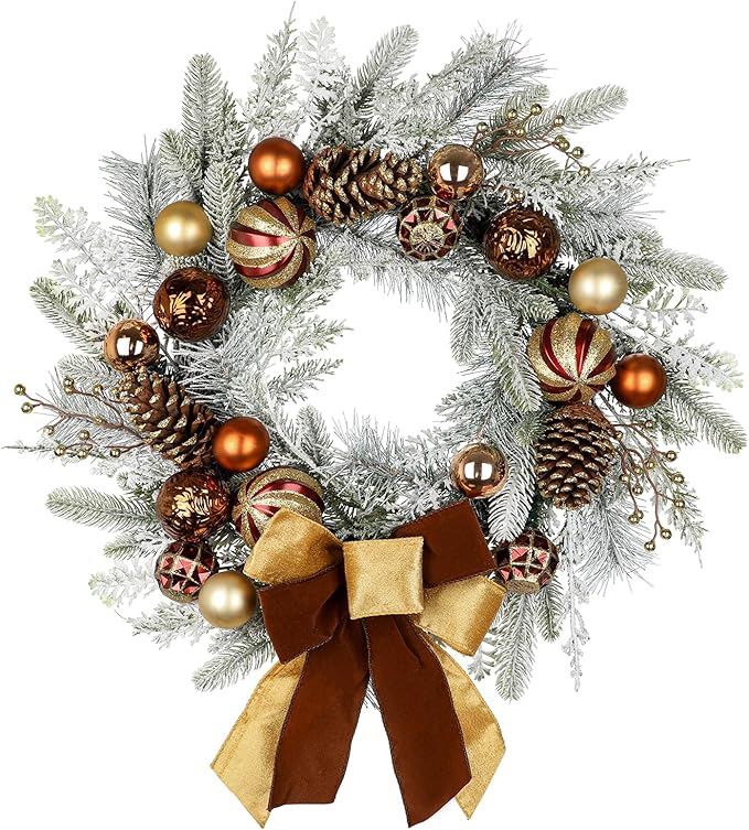 24" Christmas Wreath for Front Door Artificial Unlit Winter Wreath with Pine Cones, Berry Clusters, Bronze Ball Ornaments and Ribbon for Thanksgiving Holiday Christmas Decoration