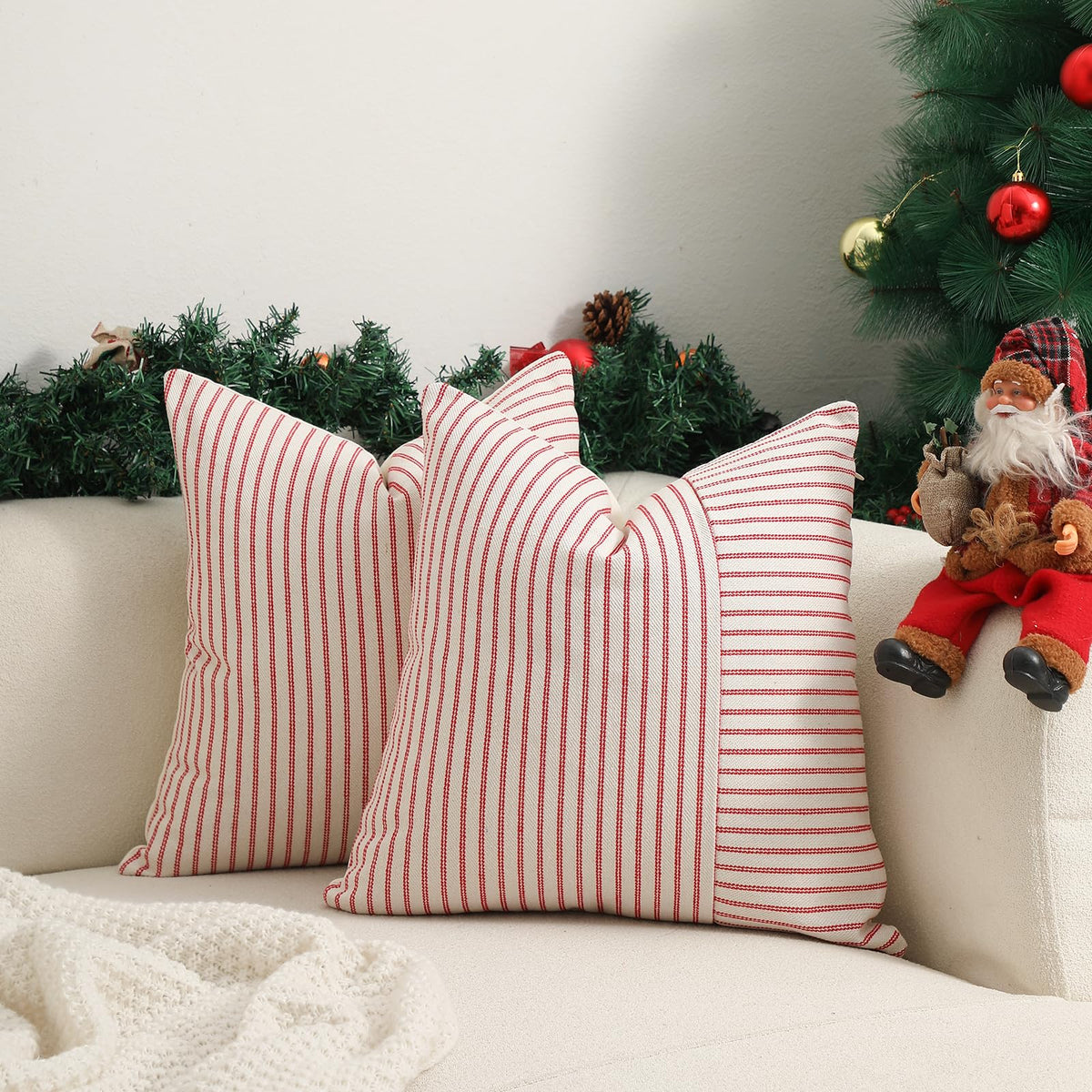 Hckot Christmas Pillow Covers 18x18, Red Throw Pillow Covers Set of 2, Striped Linen Decorative Pillows Cushion Covers for Couch Chair Beding Xmas Winter Decorations(Red)