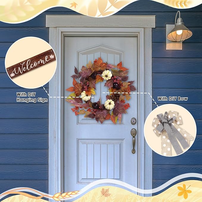Fall Wreaths for Front Door Outside Decor, 20" Berries Brown Maple Leaves Pumpkins Wreath Decorations with Bow and Hanging Sign for Thanksgiving Home Outdoor Indoor Porch Harvest Autumn