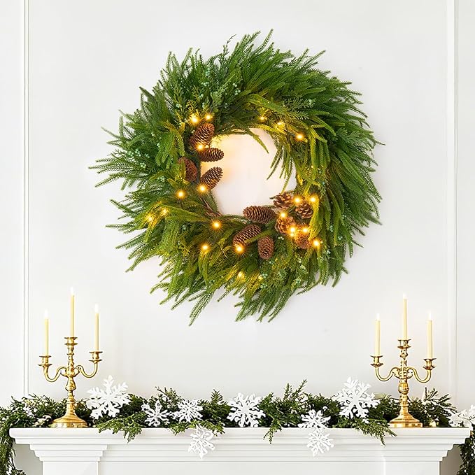24 Inch Real Touch Norfolk Pine Wreaths for Front Door, Soomeir Artificial Christmas Wreath Green Faux Pine Wreath for Wall Windows Mantle Outdoor Christmas Decoration