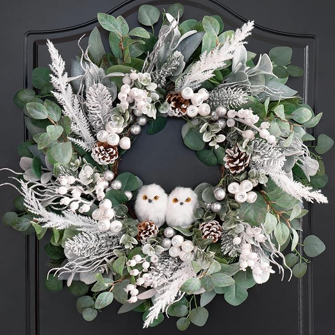 Winter Wreath for Front Door, 24 Inch Christmas Wreath with Owl Decor, Pine Cones, and Evergreen Greenery, Festive Winter Door Decor, Artificial Holiday Farmhouse Rustic Wreath