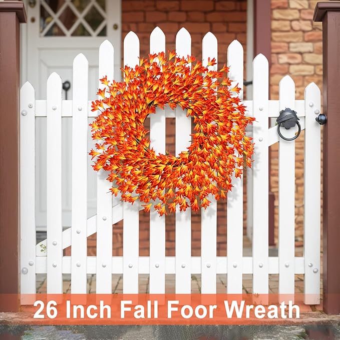 26 Inch Realistic Fall Wreaths for Front Door Outside Autumn Wreath Outdoor Indoors Fall Decorations for Home Thanksgiving Halloween Holiday Decorations Clearance for Wall Porch Door (Orange)
