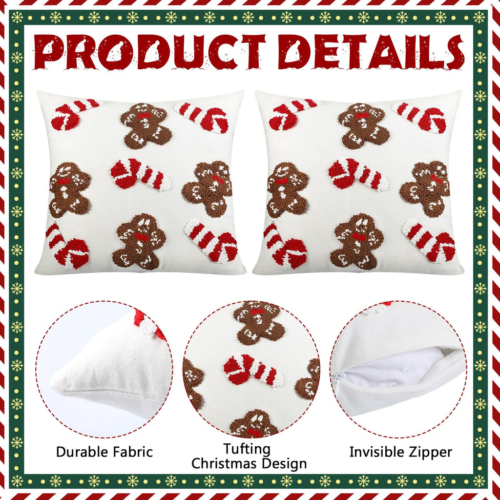 Mixweer 2 Pcs Tufted Christmas Throw Pillow Cover 18 x 18 Inch Gingerbread Pillow Covers 3D Candy Xmas Pillows Case Decorative Soft Cushion Cover for Sofa Couch Bed Room