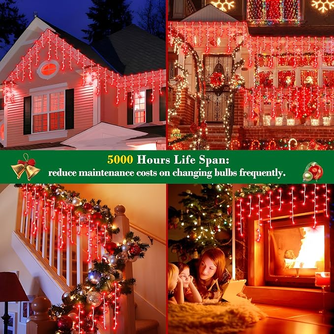 XURISEN 132ft Christmas Lights Decorations Outdoor, 1280 LED 8 Modes Fairy Lights with 240 Drops,Plug in Waterproof Timer Memory Function for Christmas Holiday Wedding Party Decor(Red)