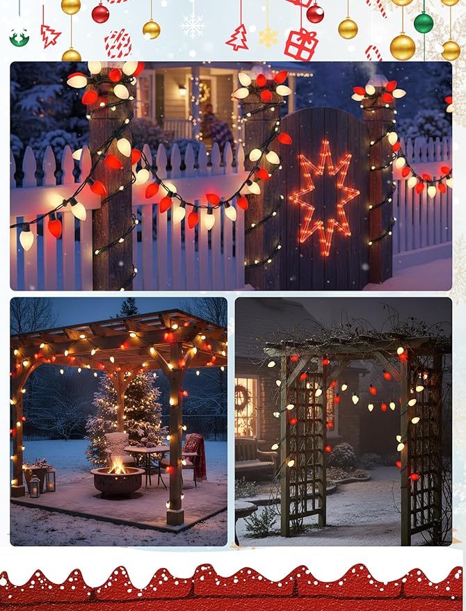 25FT Red and White LED Christmas Lights,LED Christmas Lights with 26 C9 Red White Shatterproof Plastic Bulbs,Connectable Red White String Light for Tree Roofline Indoor Outdoor Decor