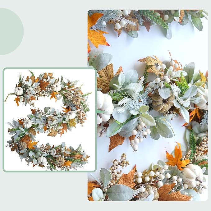 Thanksgiving Fall Wreath, Eucalyptus Berries Pumpkins Lamb Ears Leaves Autumn Wreaths for Front Door, Fall Decor, Porch Wall, Home Outdoor Holiday Decorations (Pumpkin Garland)