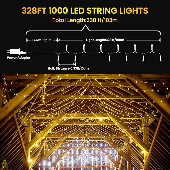 338Ft Christmas Lights Outdoor, 1000 LED Christmas String Lights with 8 Modes, Timer, Waterproof Fairy Twinkle Lights for Party, Garden, Wedding, Holiday, Weddings, Xmas Tree Decorations (Warm White)