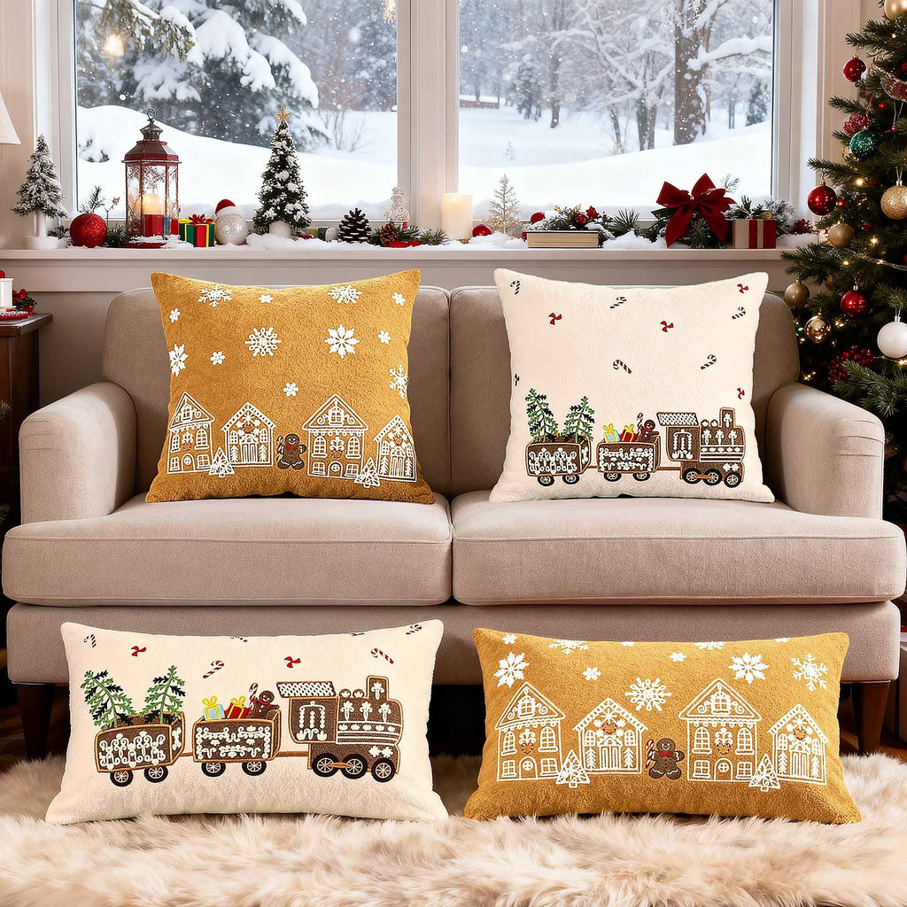 Lanpn 16x16 Christmas Pillow Covers Set of 2, Embroidery Gingerbread Man House Decorative Holiday Pillowcase Pillow Case Cushion 16 x 16 for Indoor Home Bedroom Sofa Couch Xmas Decor