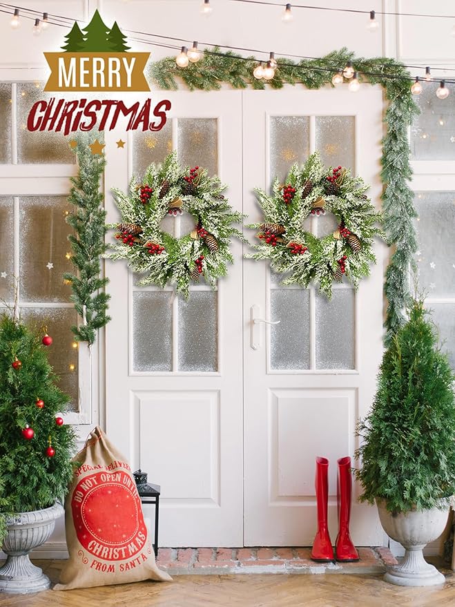 Artificial Christmas Wreath with Hanger for Front Door with Pine Cone, Red Berries, Burlap Ribbon & Snowflake, Indoor Outdoor Holiday Wall Windows Wreath Flocked with Mixed Decorations 23inch