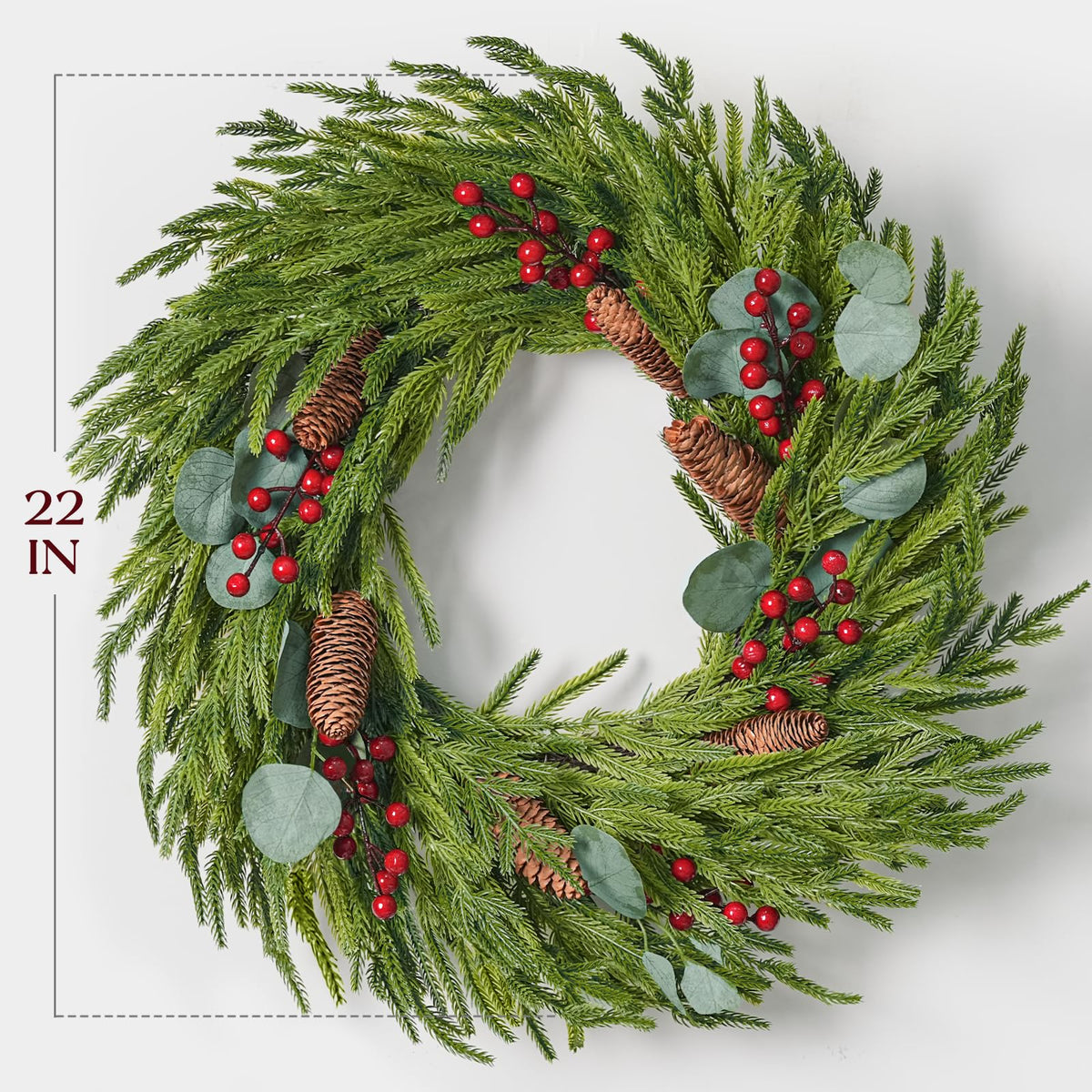 Christmas Decorations - 22 Inch Artificial Norfolk Pine Christmas Wreath with Pine Cones, Eucalyptus, and Red Berries Perfect for Front Door - Indoor Outdoor Holiday Decor for Mantle, Wall, Window