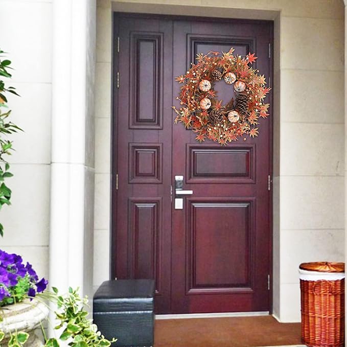 Fall Wreath for Front Door Fall Pumpkins Pinecone Wreaths 24 Inch Berry Artificial Maples Leaves Wreath for Halloween Thanksgivings Christmas Decoration Indoor Outdoor Window Hanging Decor