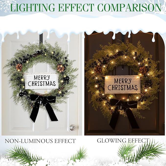 Lighted Christmas Wreath for Front Door with Metal Hanger 16'' Artificial Norfolk Wreath with Velvet Bow LED Lights Jingle Bells Pinecone Berries Christmas Holiday Winter Decor(Black)