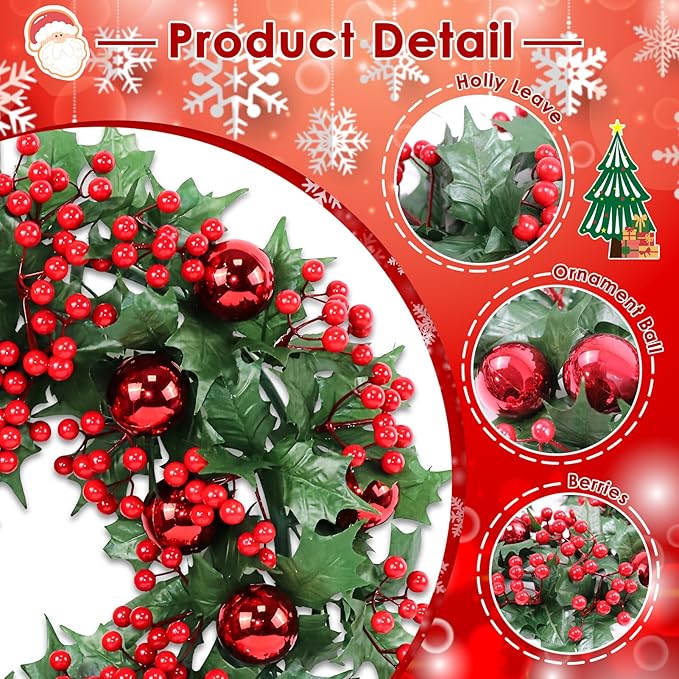 Christmas Wreaths for Front Door Outside Decor, 20" Red Berries Ornaments Balls Pine Branches Winter Artificial Wreath Decorations with Plaid Bow for Xmas Holiday Home Wall Fireplace Indoor Porch