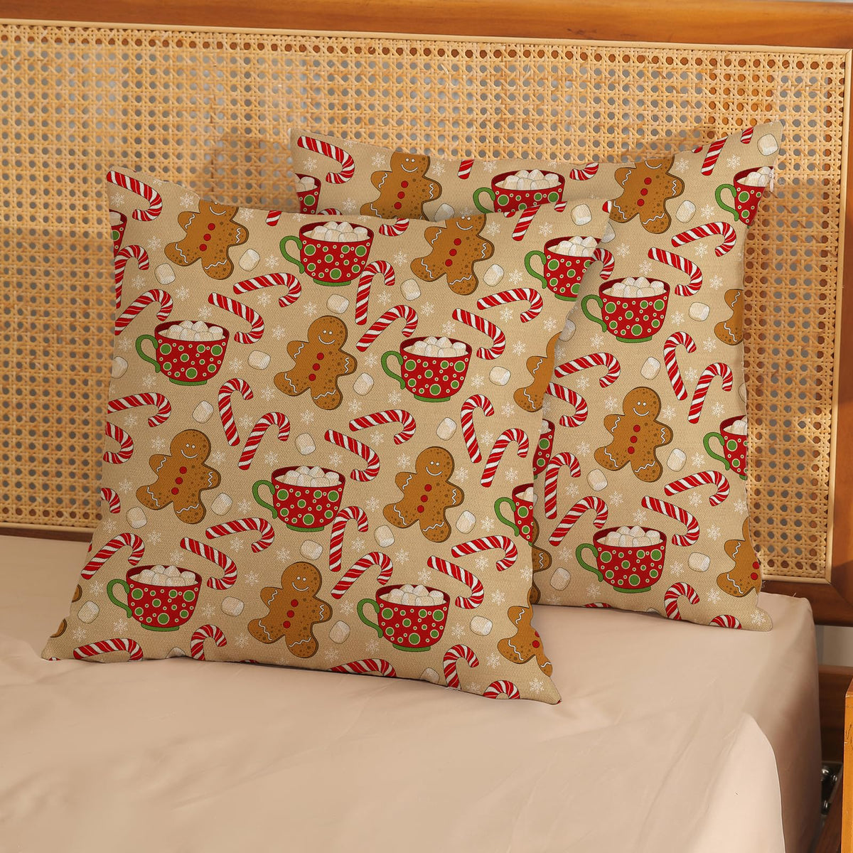 JEFERSO Christmas Pillow Covers 20x20 Set of 2 Gingerbread Man Candy Cane Snowflake Throw Pillows Outdoor Christmas Decorations Pillowcase Winter Farmhouse Holiday Decor Cushion Covers for Couch Home
