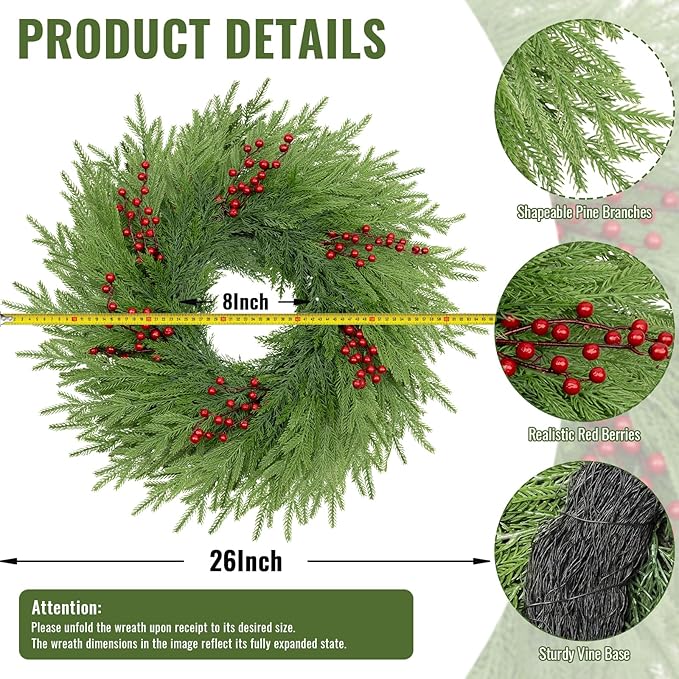 26 Inch Pine Wreath - Christmas Wreaths for Front Door - Real Touch Pine Wreath - Large Artificial Green Wreaths for Walls Windows Porches Farmhouse Indoor Outdoor Home Decor with Red Berries