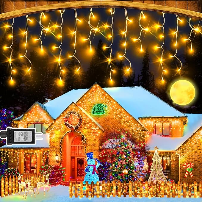 164FT 1600 LED Christmas Lights Outdoor Decorations with 320 Drops Timer 8Mode Curtain String Lights Waterproof Plug in Fairy Lights for Indoor,Xmas,Party,Patio,Window,Fence,Trees Decor(Warm White)