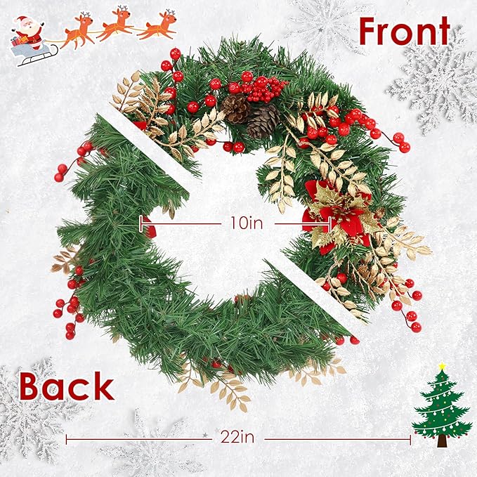 Christmas Wreaths for Front Door Outside Decor, 22" Berries Poinsettia Golden Leaves Pinecone Winter Artificial Wreath Decorations with Hanging Sign for Xmas Home Door Wall Window Fireplace Porch