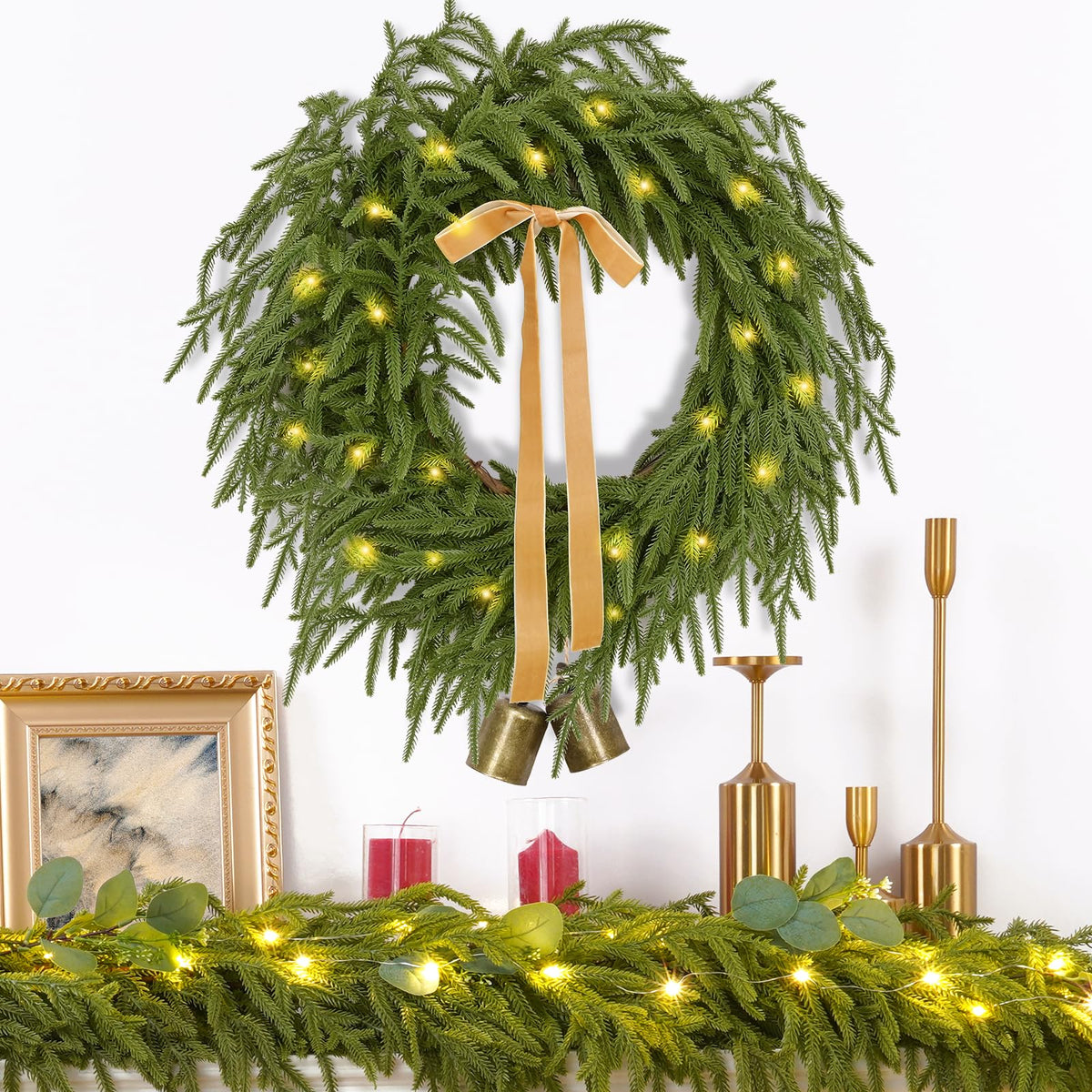 Christmas Wreath -24 Inch Real Touch Norfolk Pine Wreath for Front Door, Christmas Wreath with Lights, Greenery Wreath with Ribbon Bell for Home Table Wall Window Indoor Outdoor Christmas Decoration