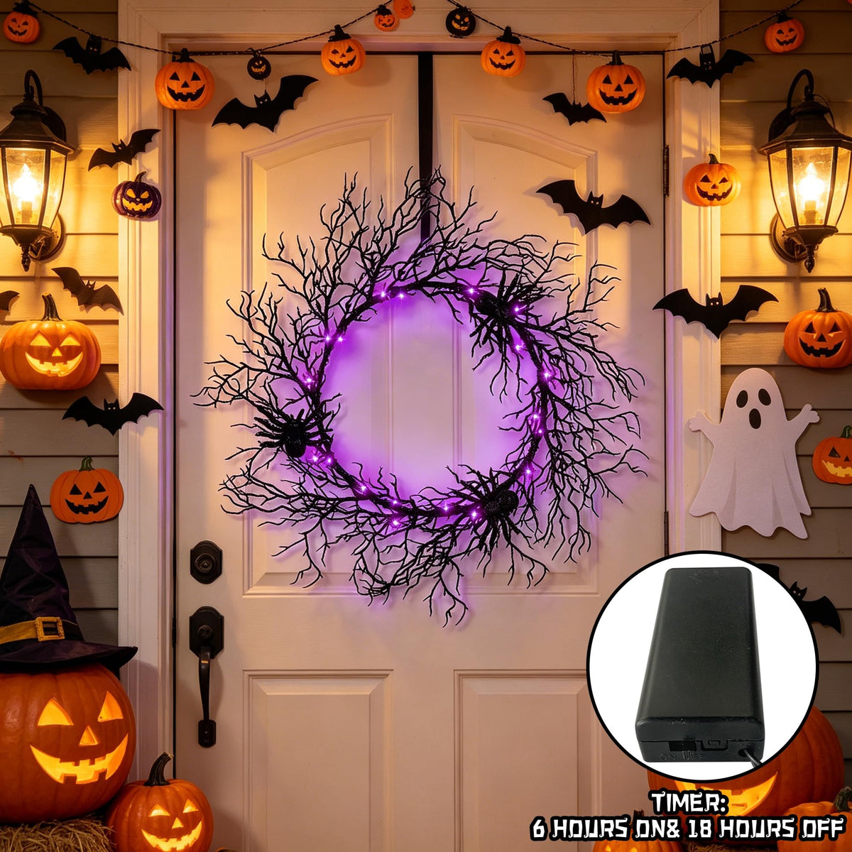 Adroiteet 24 Inch Halloween Wreath for Front Door - Lighted Black Spider Wreath with Purple LED Lights, Outdoor/Indoor Spooky Decorations for Halloween Party, Porch, Holiday Home Decor