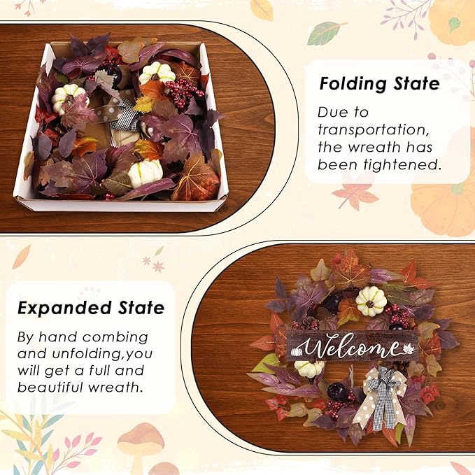 Fall Wreaths for Front Door Outside Decor, 20" Berries Brown Maple Leaves Pumpkins Wreath Decorations with Bow and Hanging Sign for Thanksgiving Home Outdoor Indoor Porch Harvest Autumn