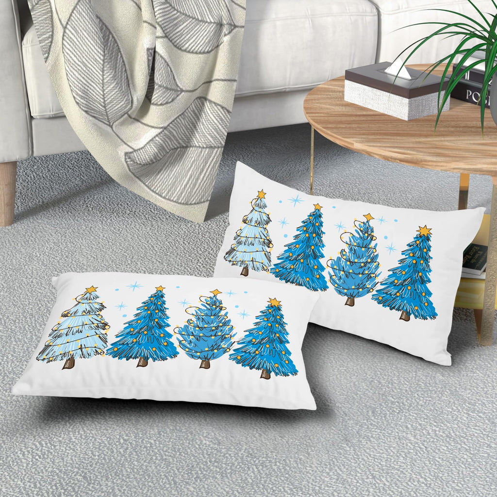 Blue Christmas Tree Lumbar Throw Pillow Covers 12X20 In Set of 2 Xmas Tree Lights Stars Decorative Rectangle Pillow Cases Winter Holiday Pillow Cover Farmhouse Home Decor For Living Room Sofa Couch