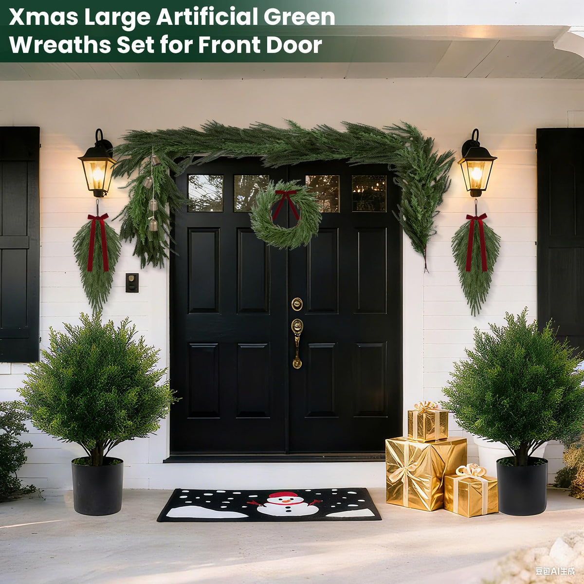 Syhood Christmas Norfolk Pine Garland with 24" Wreath 2 Real to Touch Teardrop Swags and Gold Metal Bells Set, Soft Realistic Artificial and Cedar Greenery for Indoor Outdoor Holiday Decor(Khaki,6ft)