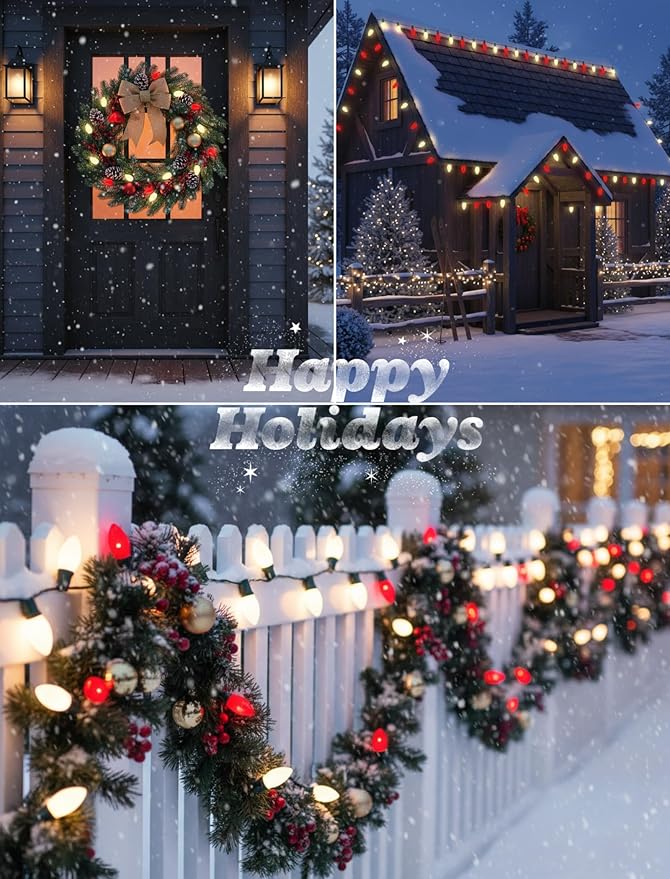 Red and White LED Christmas Lights,25FT Vintage C9 Red White Christmas Lights Outdoor with 26 LED Bulbs,Commercial Extendable Xmas Light for Roofline Patio Holiday Party Backyard Xmas Decor