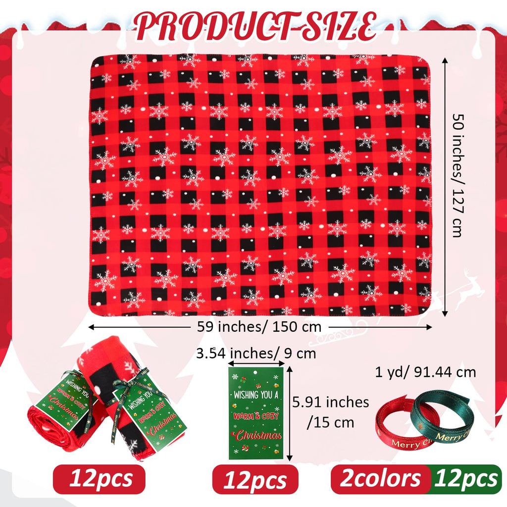 HunnmingRe 12 Set Christmas Fleece Throw Blanket Bulk Xmas Gift Set Include Merry Christmas Ribbon and Gift Card 50 x 60 Inch Holiday Blanket for Couch Sofa Winter Travel Decoration