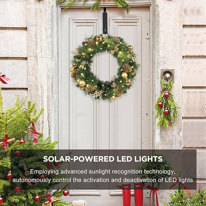 Solar Christmas Wreath 30 Inches Pre-Lit Solar 70 Led Artificial Wreath for Front Door Window Outdoor Decorations with Golden Pine Cones Christmas Balls Glitter Pine Branches(3002)