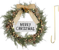 Lighted Christmas Artificial Cedar Wreath for Front Door with Hanger Christmas Wreaths Faux Norfolk with Velvet Bow LED Lights Jingle Bells Pinecone Berries Indoor Window Xmas Holiday Decor(Gold)