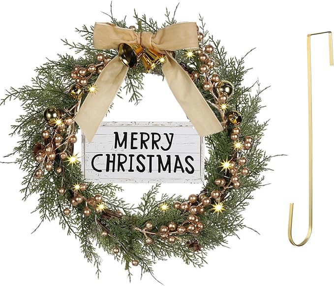 Lighted Christmas Artificial Cedar Wreath for Front Door with Hanger Christmas Wreaths Faux Norfolk with Velvet Bow LED Lights Jingle Bells Pinecone Berries Indoor Window Xmas Holiday Decor(Gold)