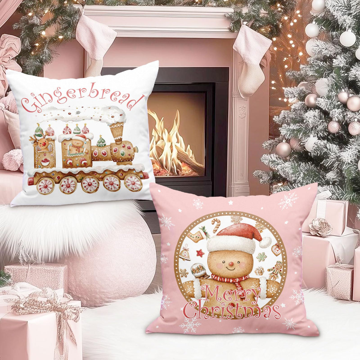 Lanpn Christmas Throw Pillow Covers 18x18 Set of 4, Gingerbread Man House Pillow Covers Christmas Pillowcase Decorative Cushion Cover for Home Bedroom Couch Sofa Decor (Pink)