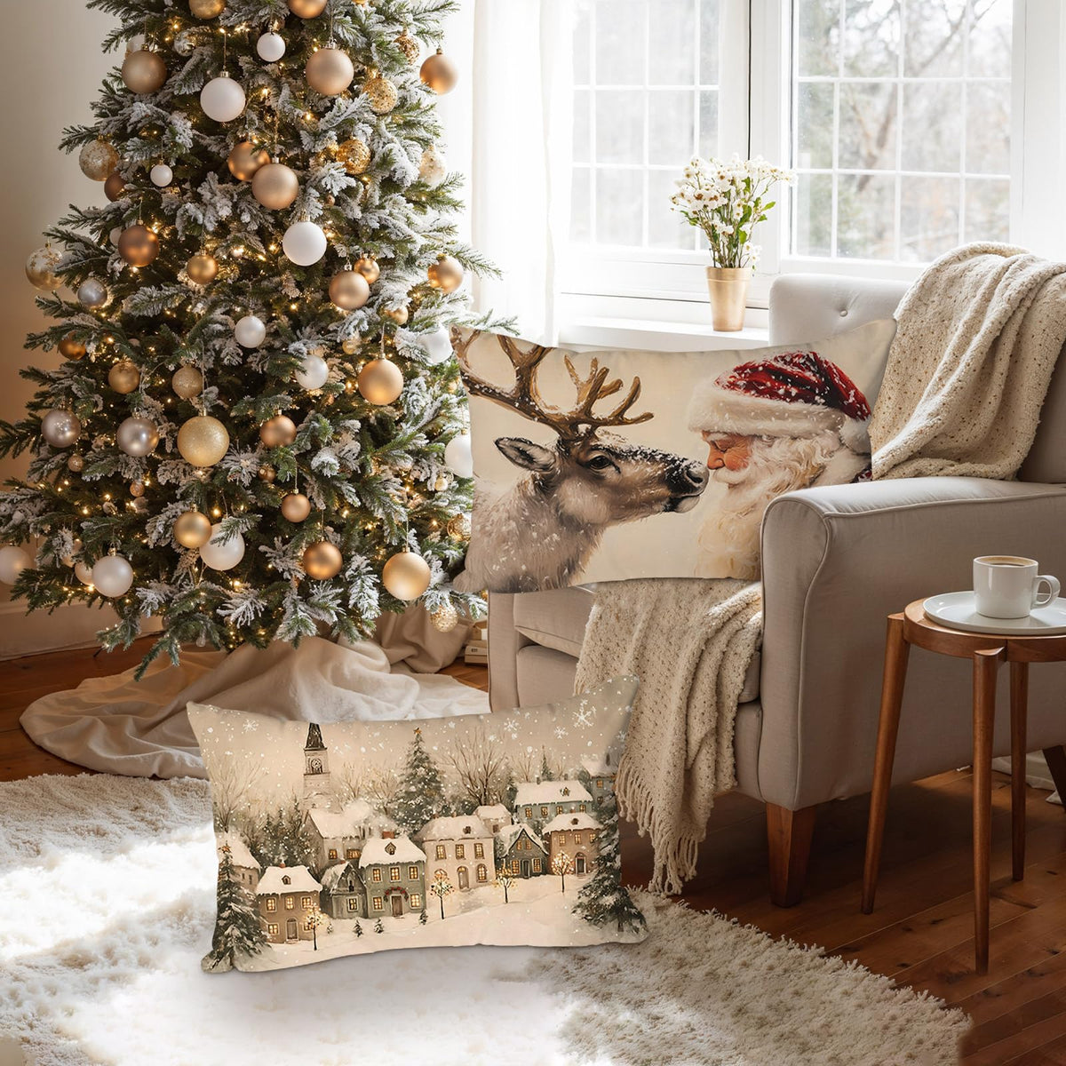 Lanpn 12x20 Christmas Throw Pillow Covers Set of 4, Snowman Santa Reindeer Lumbar Vintage Christmas Pillow Cover Pillowcase Xmas Holiday Decorative Pillow case for Indoor Home Sofa Couch Room Decor