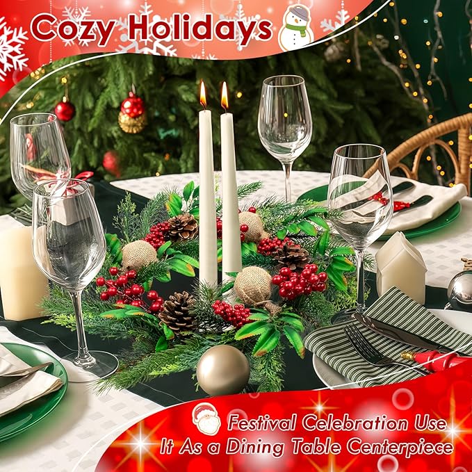 Christmas Wreaths for Front Door Outside Decor, 20" Red Berries Linen Ball Pine Boughs Winter Artificial Wreath Decorations with Hanging Sign for Xmas Holiday Home Door Wall Window Fireplace Indoor