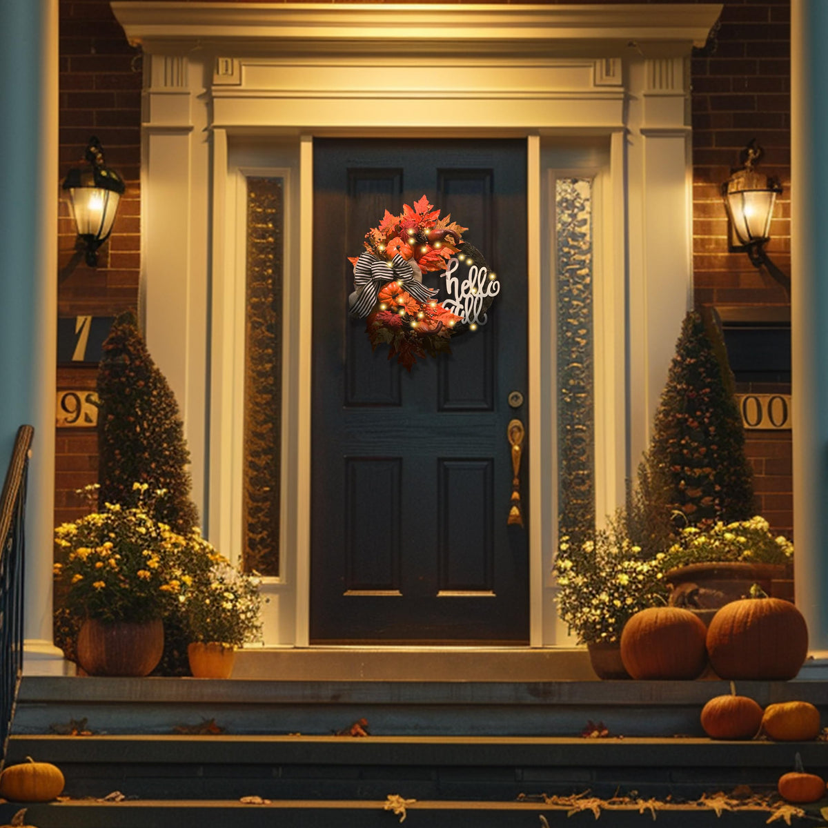 Valery Madelyn 22'' Collapsible Fall Wreaths for Front Door, Farmhouse Autumn Door Wreath with Lights Pumpkins Bow Outdoor Fall Halloween Decorations for Home Porch Thanksgiving Harvest Outdoor Decor