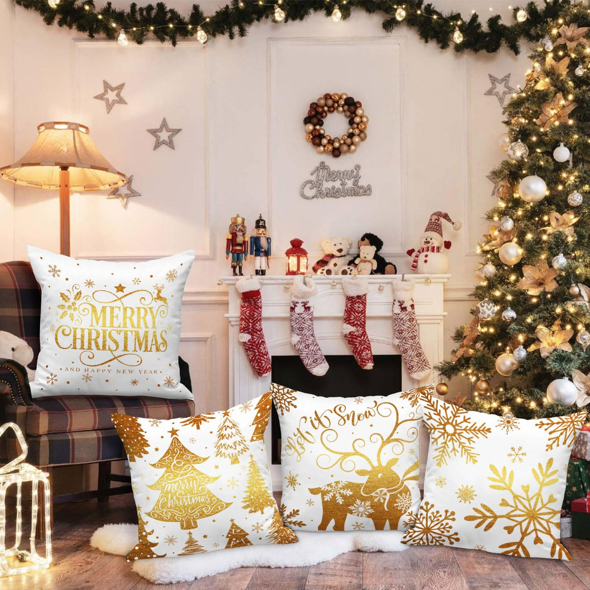 Lanpn White and Gold 18x18 Christmas Pillow Covers Set of 4, Decorative 18 Inch Navy Winter Snowflake Throw Pillow Case Xmas Cushion Cover for Indoor House Sofa Gold