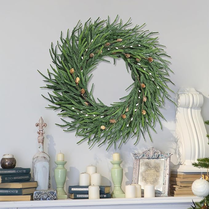 24 Inch Pine Wreath Christmas Wreaths for Front Door, Real Touch Pine Wreath with White Berries Artificial Green Wreaths for Walls Windows Porches Farmhouse Indoor Outdoor Home Decor