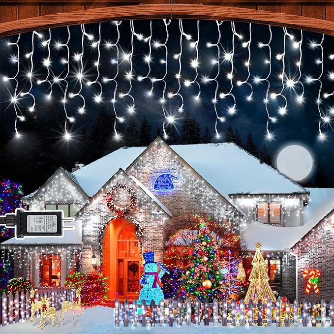 164FT 1600 LED Christmas Lights Outdoor Decorations with 320 Drops Timer 8Mode Curtain String Lights Waterproof Plug in Fairy Lights for Indoor,Xmas,Party,Patio,Window,Fence,Trees Decor(Cold White)