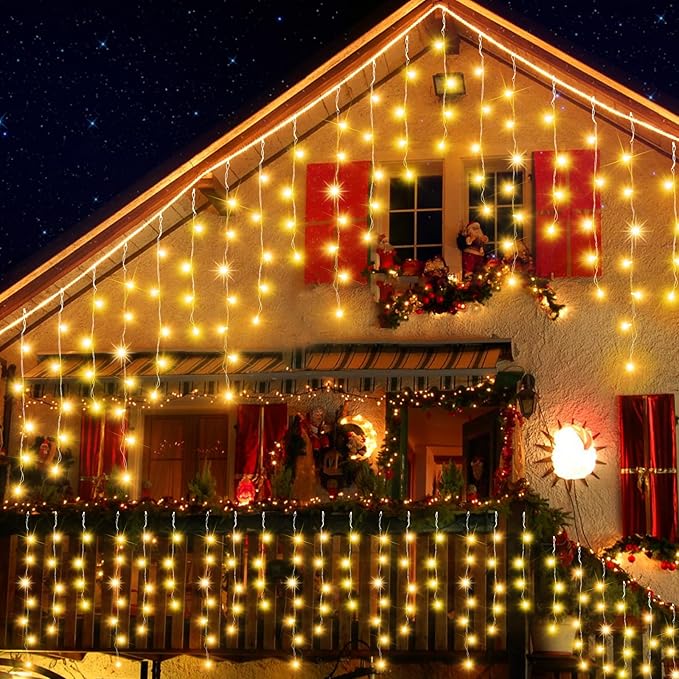52FT 512LED Christmas Lights Outdoor Waterproof Curtain Lights with 8 Modes Timer Hanging Fairy Lights Plug in String Lights for Holiday Wedding Party Decoration(Warm White)