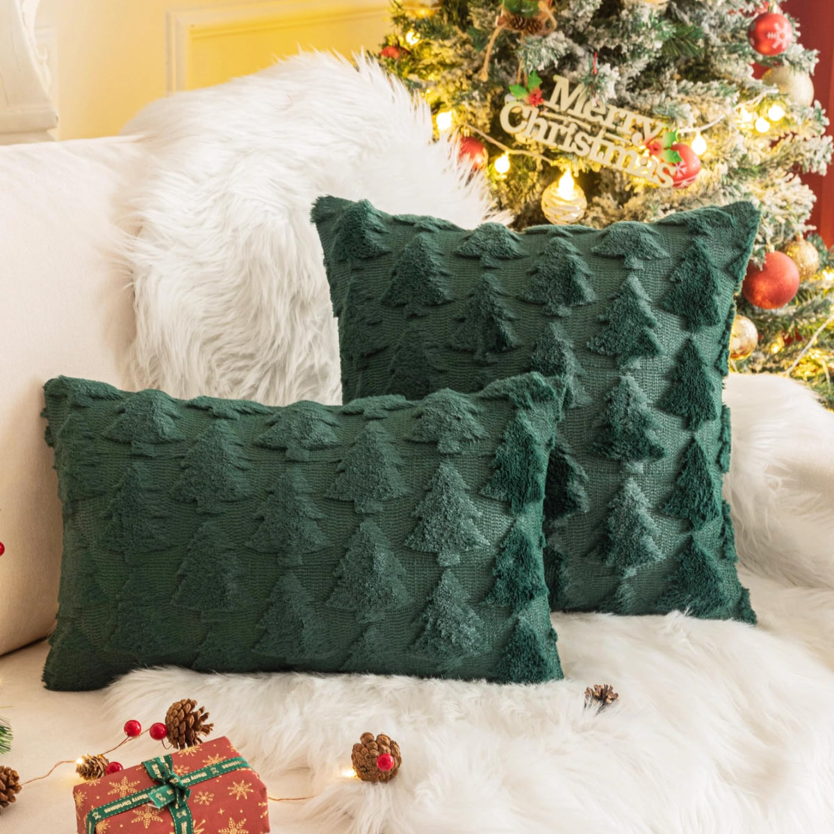 AQOTHES Set of 2 Christmas Tree Green Throw Pillow Covers 18x18 Inch, Soft Faux Fur Green Decorative Xmas Throw Pillows for Couch Sofa Holiday Winter Decor
