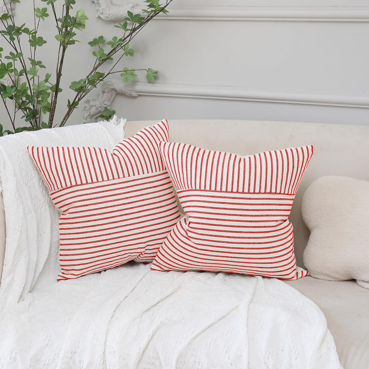 Hckot Christmas Pillow Covers 18x18, Red Throw Pillow Covers Set of 2, Striped Linen Decorative Pillows Cushion Covers for Couch Chair Beding Xmas Winter Decorations(Red)