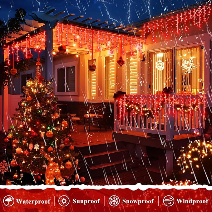 XURISEN 132ft Christmas Lights Decorations Outdoor, 1280 LED 8 Modes Fairy Lights with 240 Drops,Plug in Waterproof Timer Memory Function for Christmas Holiday Wedding Party Decor(Red)