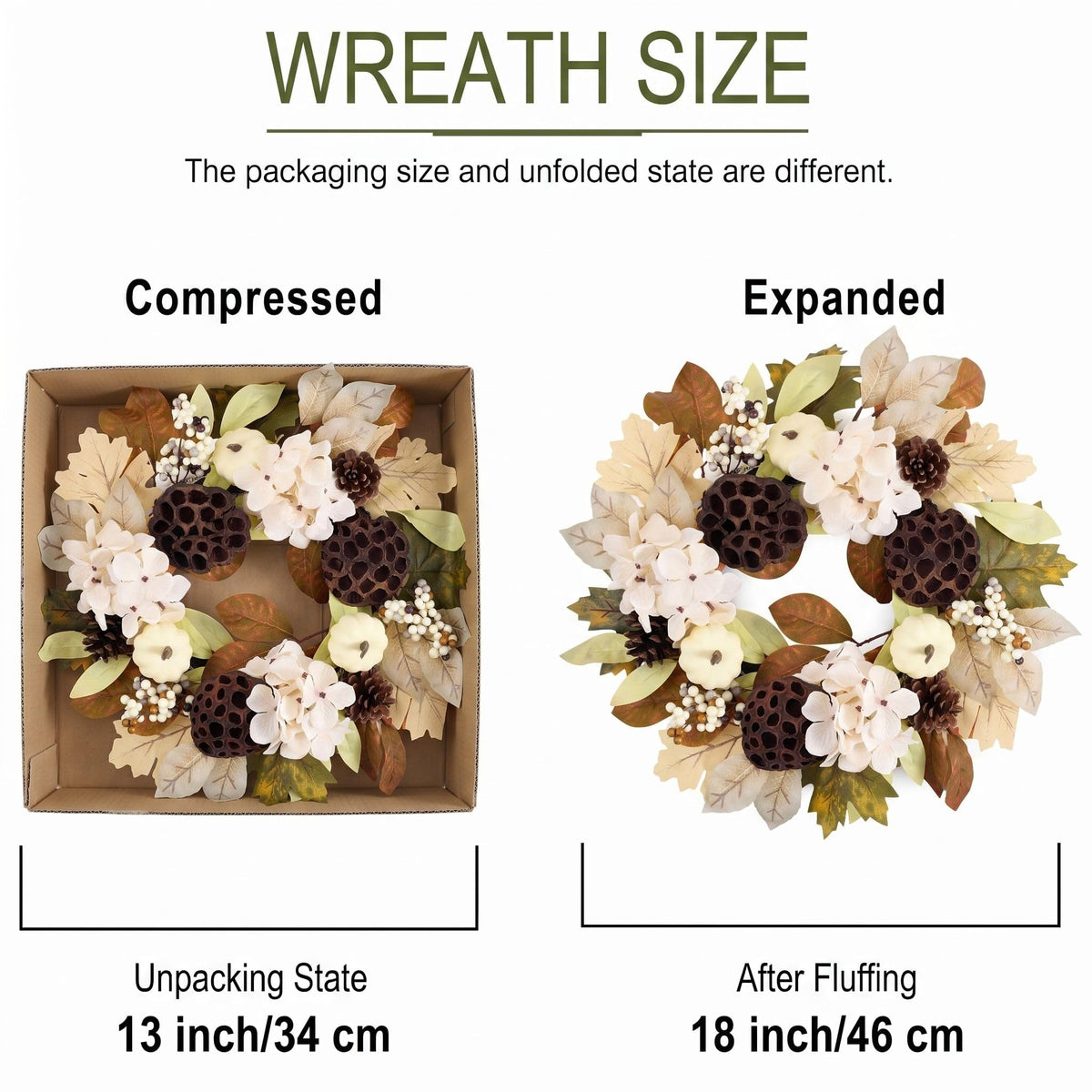 DecorbyHannah Fall Wreath for Front Door, 18 Inch Pre-Lit Autumn Harvest Thanksgiving Wreath with Light, Artificial Pumpkin Hydrangea Pinecone Lotus Maple Leaf Door Decor for Porch Wall Indoor Outdoor