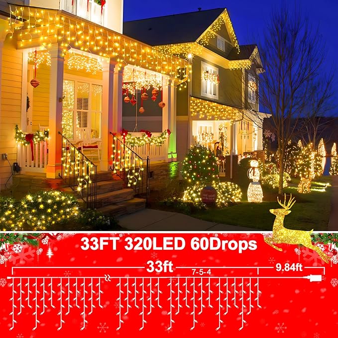 50FT 480 LED Christmas Lights Outdoor Decorations with 90 Drops Timer 8Mode Curtain String Lights Waterproof Plug in Fairy Lights for Indoor,Xmas,Party,Patio,Window,Fence,Trees Decor(Warm White)
